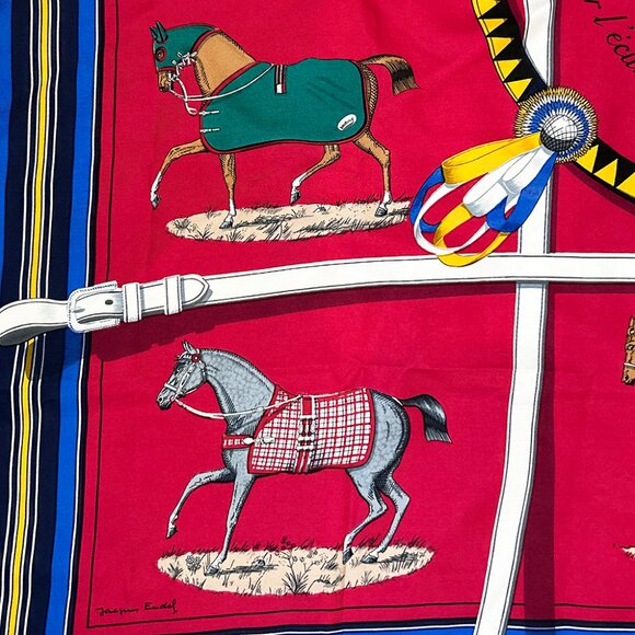 Hermès Scarf Red Couvertures Tenues Jour Horse Equestrian 100% Silk - Picture 7 of 13